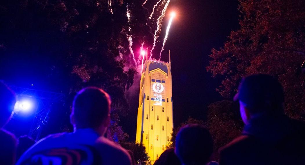 Burns Tower with fireworks